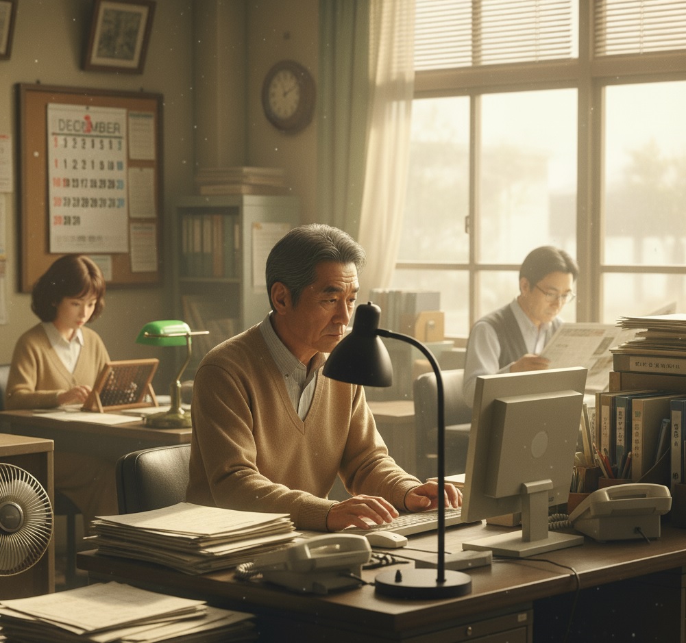 年末調整の段取り術に関する記事のアイキャッチ画像。たくさんの書類が積まれた机で、ベテランの総務担当者がパソコン作業に集中している。